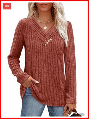 Women's Long Sleeve V-Neck Sweater with Decorative Buttons Loose Fit